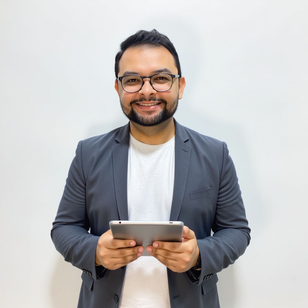 Pedro Wilson de óculos e blazer cinza, sorrindo e segurando um tablet