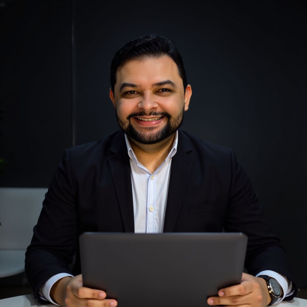 Pedro Wilson sorrindo, de paletó preto, segurando um tablet