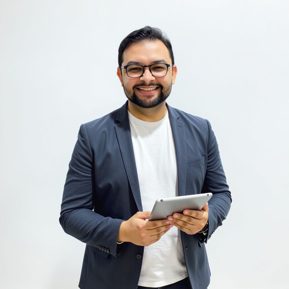 Pedro Wilson de óculos e blazer, sorrindo e segurando um tablet